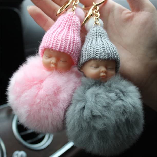 Cute Small Sleeping Baby Doll With Fur Fluffy Ball Keychain, Key