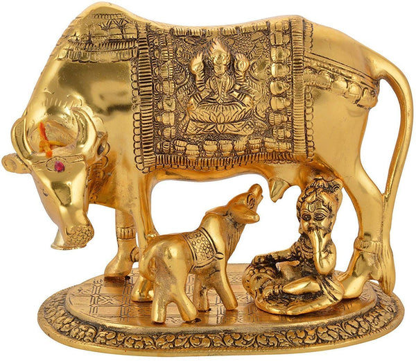 Metal Craft Kamdhenu Cow with Calf and Krishna Figurine Decorative Gift Item