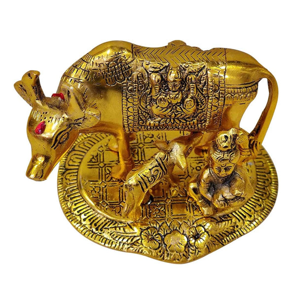 Gold Plated Metal Handicraft Cow Calf with Krishna Kanha Ji