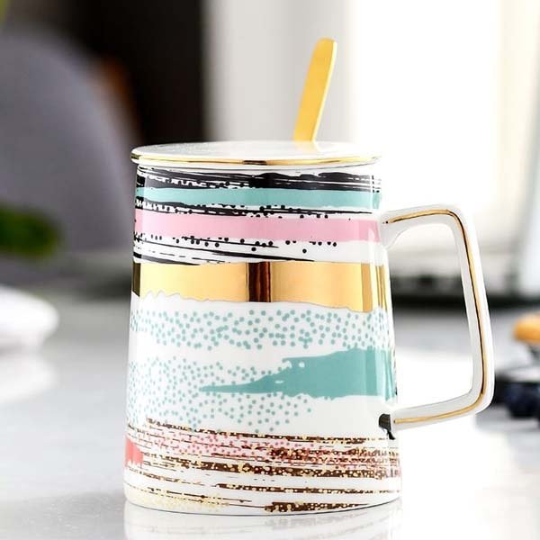 Multi color stripes mug with lid and Spoon