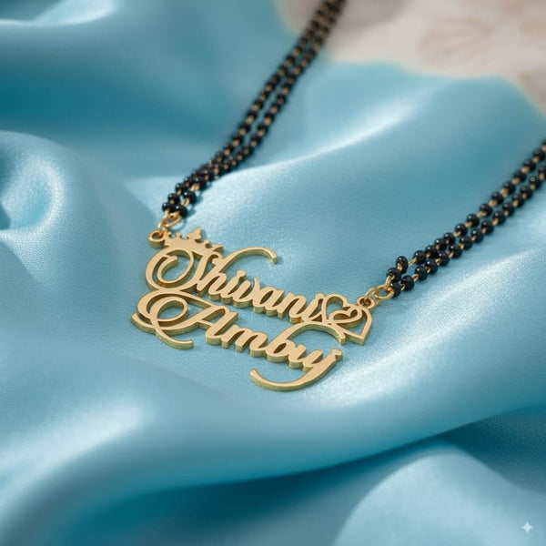 Custom Name Mangalsutra with Double Heart & Crown Design