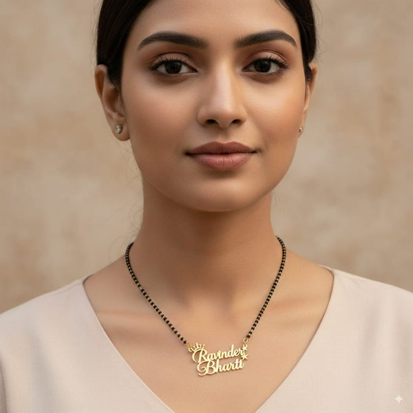 Woman wearing a gold necklace with 'Ravinder Bharti' pendant against a beige background