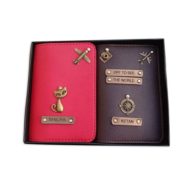 Personalized Leather Passport Covers for Couple with Name and Charms (Pack of 2)