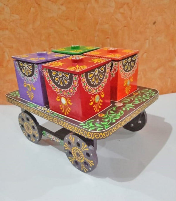 Handicrafted Wooden Painted 4 Compartments Serving Cart Trolley Dry Fruits Tray