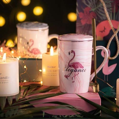 Flamingo Printed Ceramic Mug with Lid & Spoon