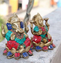 Brass Goddess Lakshmi Lord Ganesha Stone Work 7.5CM Statue