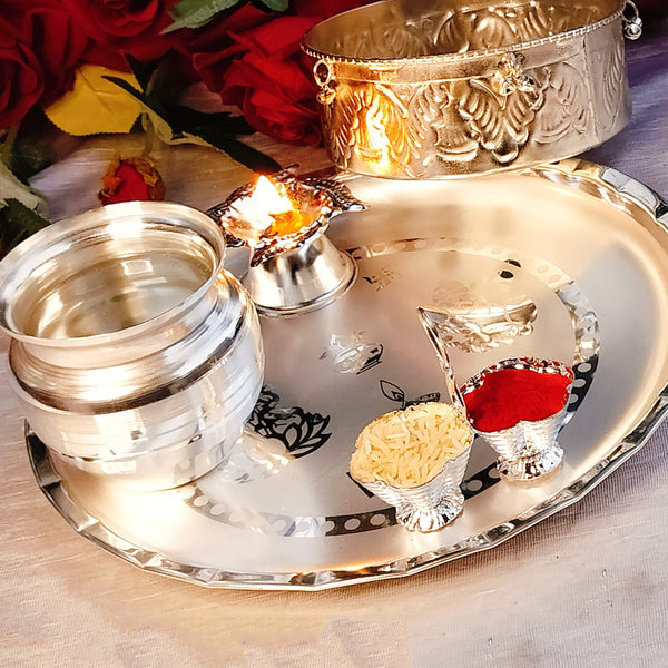 Karwa Chauth & Teej Puja Combo Set – German Silver | 5-in-1 Premium Puja Thali Set