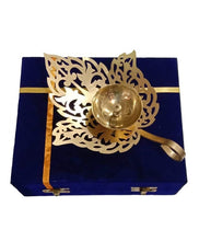 Gold Plated Unique Leaf Design Akhand Diya with Velvet Blue Box