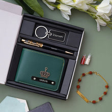 Personalized Indian wallet, Pen, and keychain with Rudraksh Rakhi