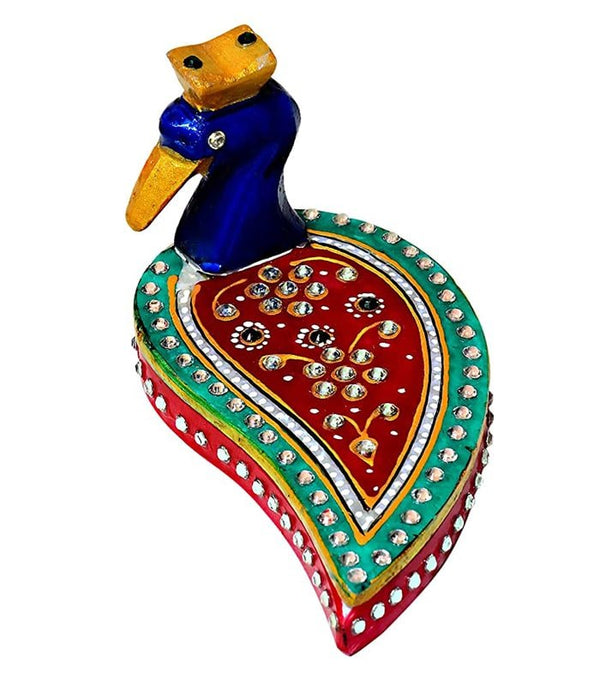 Marble Peacock Shaped Roli Sindoor Vase with kundan Work