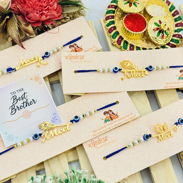 Personalized Metal Cutting Rakhi with Evil Eye (Gold Plated)
