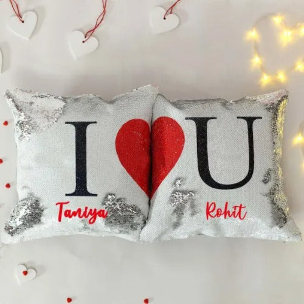 Personalized Sequin Cushion Set – "I ♥ U" (Pack of 2)