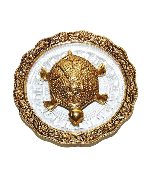 Golden Metal Tortoise Plate Feng Shui Showpiece
