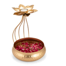Metal Lotus Tealight Candle Holder with Base of Urli Bowl