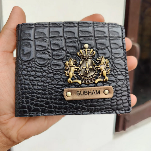 Men's Crocodile Leather Wallet with Name & Charm (Black)