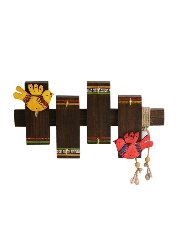 Brown Warli Hand-Painted Sheesham Wood Key Holder