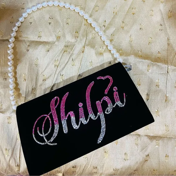 Personalized Handcrafted Name Clutch with Beaded Embroidery & Pearl Handle thumbnail 4