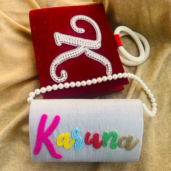 Personalized Handcrafted Name Clutch with Beaded Embroidery & Pearl Handle thumbnail 6