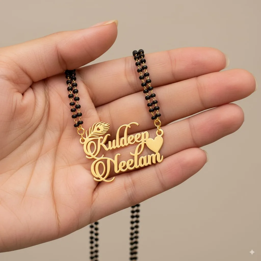 Couple Name Custom Mangalsutra with Flute & Heart Design – Personalized Gold Finish Jewelry thumbnail 3