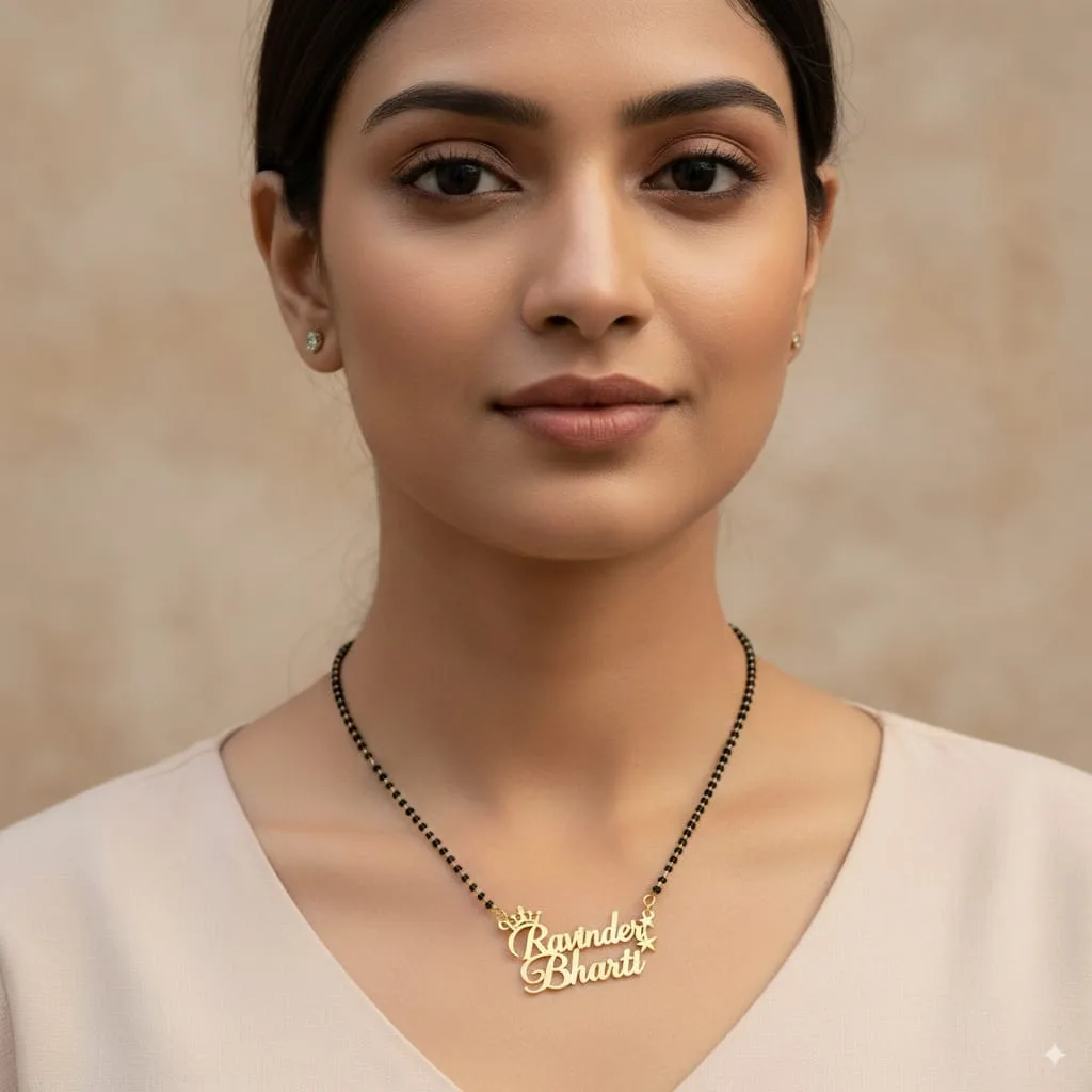 Couple Name Custom Mangalsutra with Star & Crown Design – Personalized Gold Plated Jewelry thumbnail 3