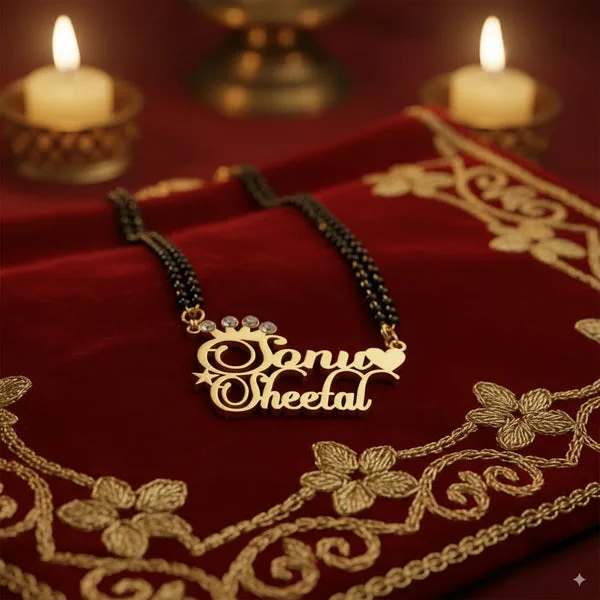 Personalized Couple Name Mangalsutra – Custom Gold Plated Pendant with Heart & Crown Design thumbnail 2