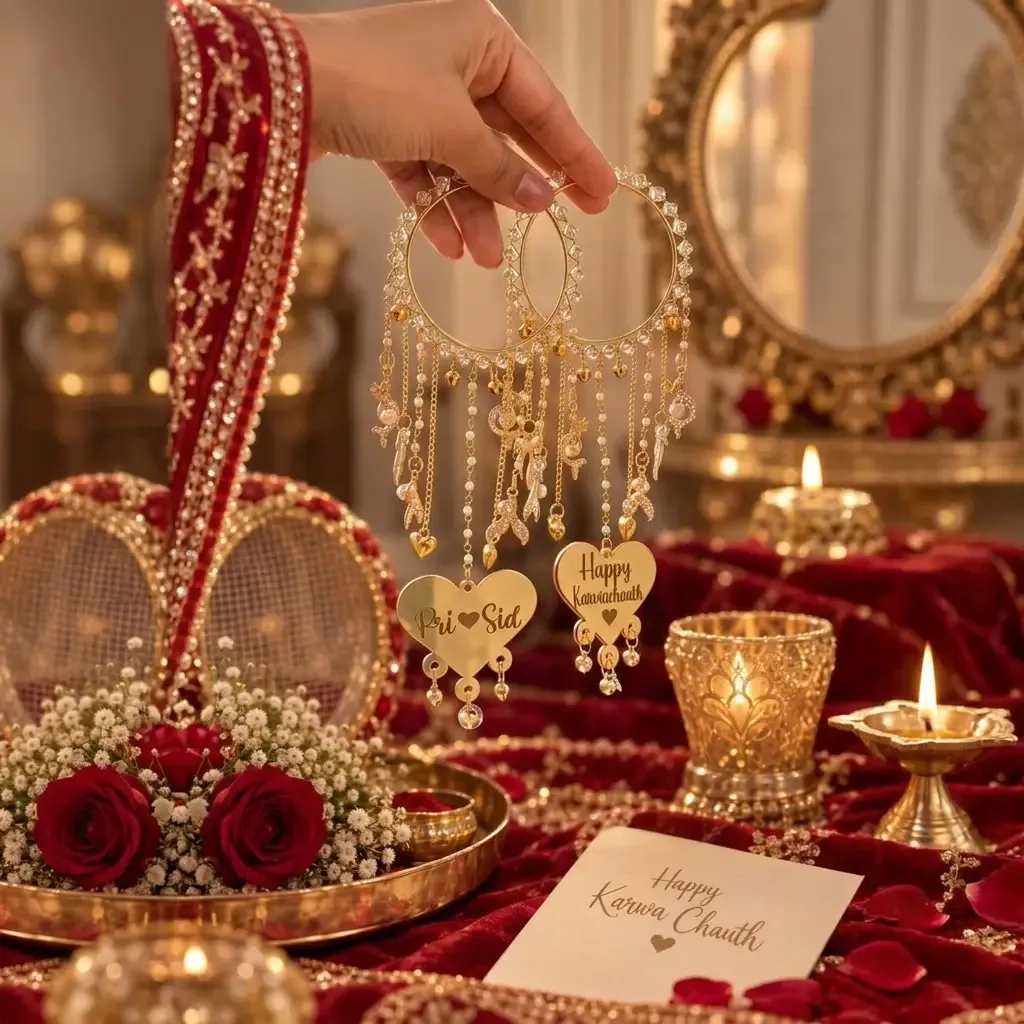 Customized Karwa Chauth Hanging Bangles (Kaleere) with Personalized Names & Heart Charms thumbnail 2
