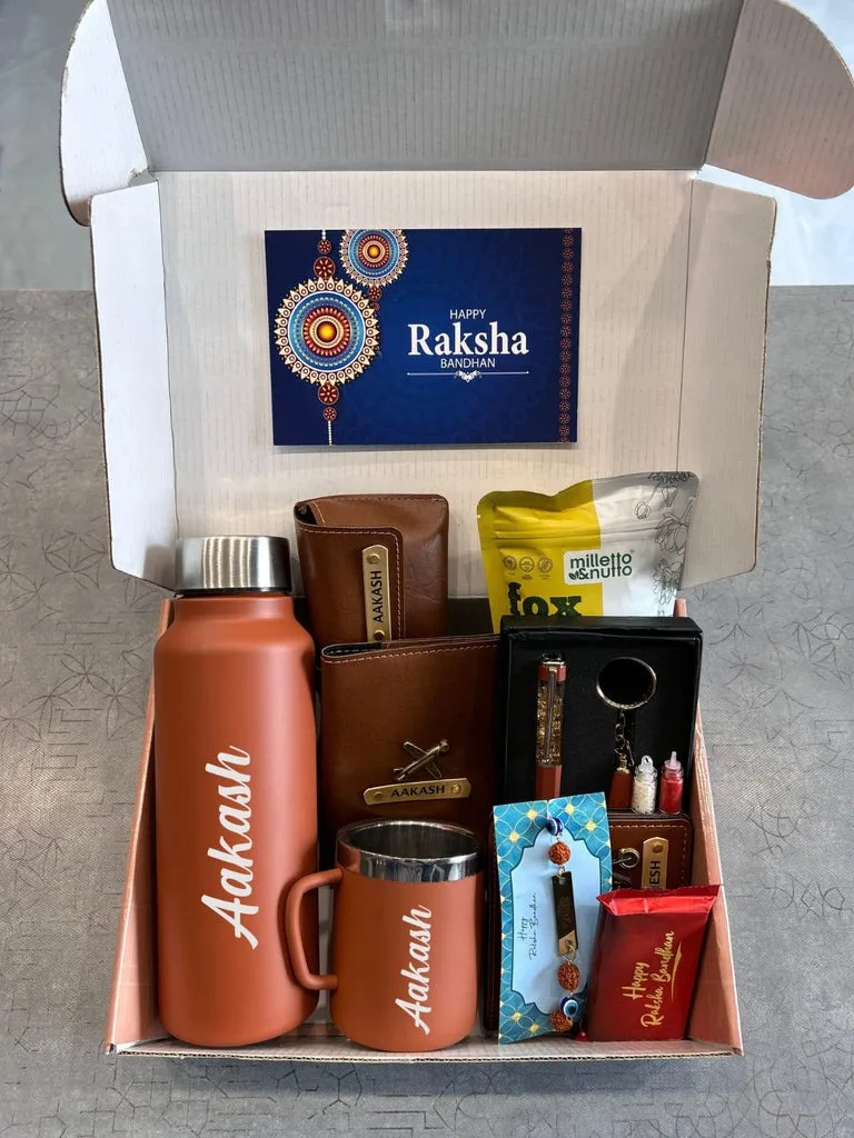 Premium Raksha Bandhan Personalised Gift Hamper for Brother | Custom Name Bottle, Wallet, Mug & Accessories Combo thumbnail 1