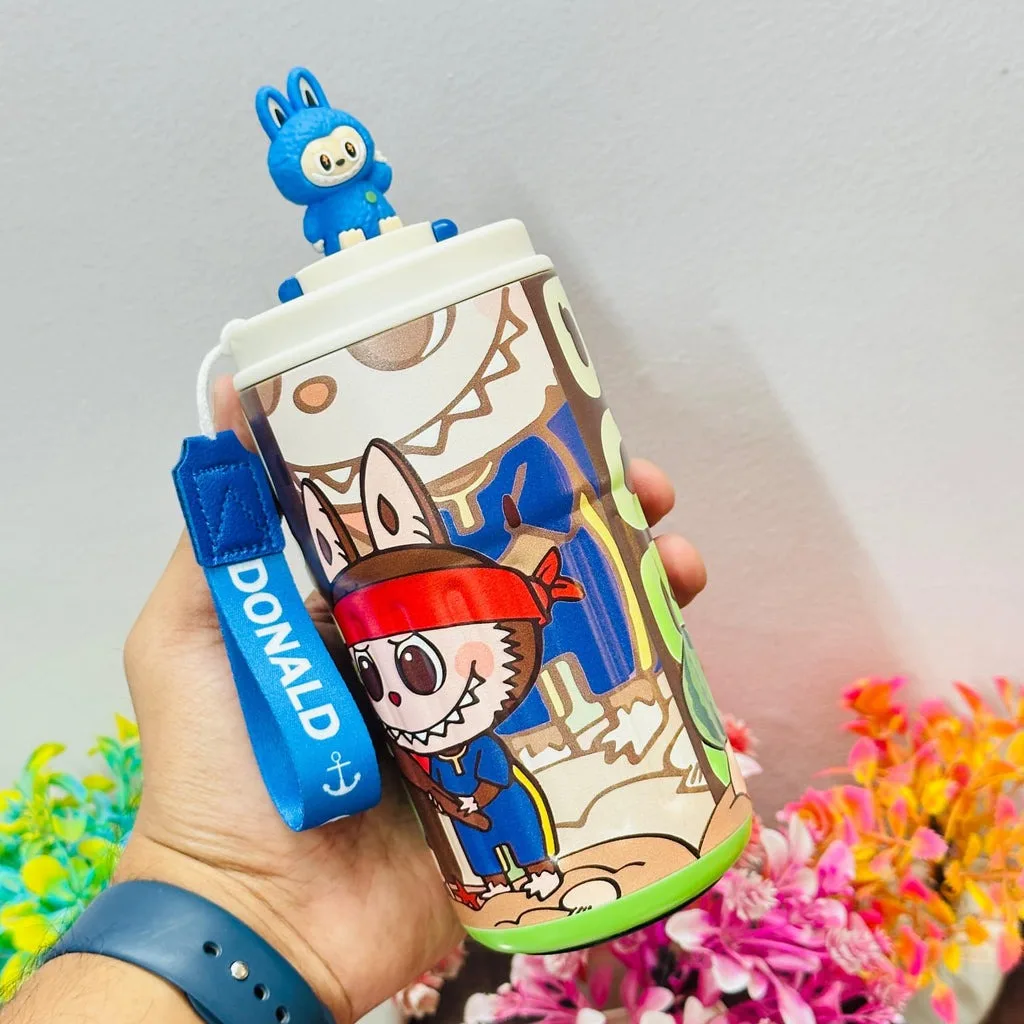 Labubu Theme 400ml Stainless Steel Insulated Coffee Mug with Lid & Hanging Belt | Inside-Out Steel | Compact Travel Mug thumbnail 1