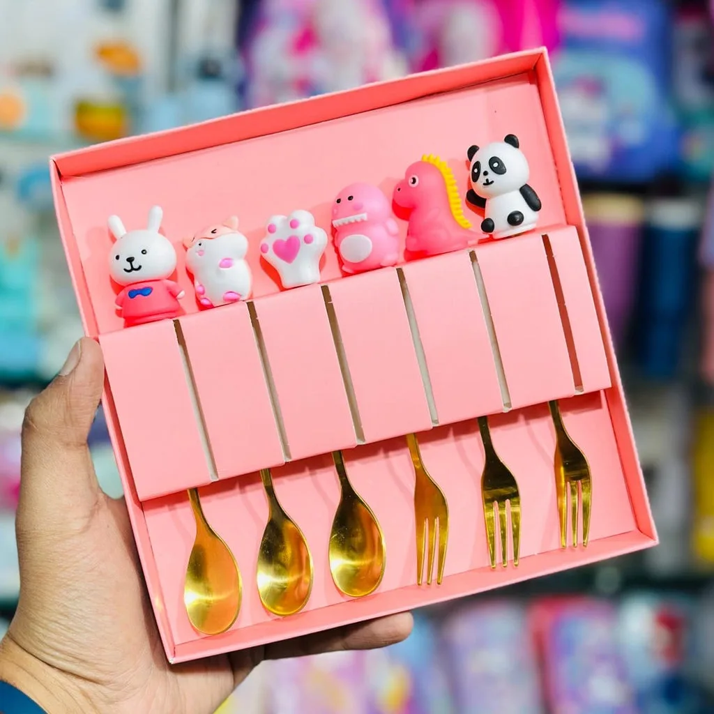 Kids Stainless Steel Cutlery Set (6 Pcs) with Gifting Box | Spoon & Fork Set | Custom Name Option thumbnail 1