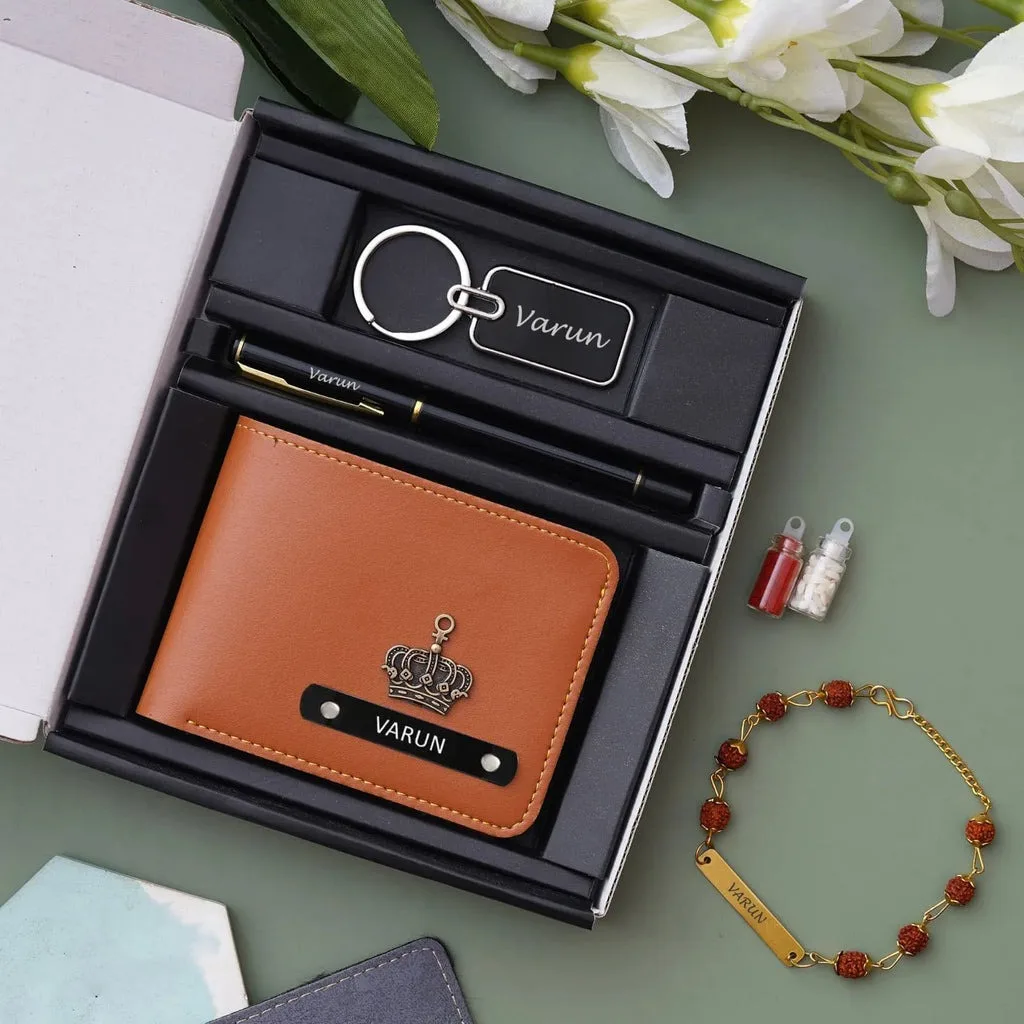 Personalized Indian wallet, Pen, and keychain with Rudraksh Rakhi thumbnail 1