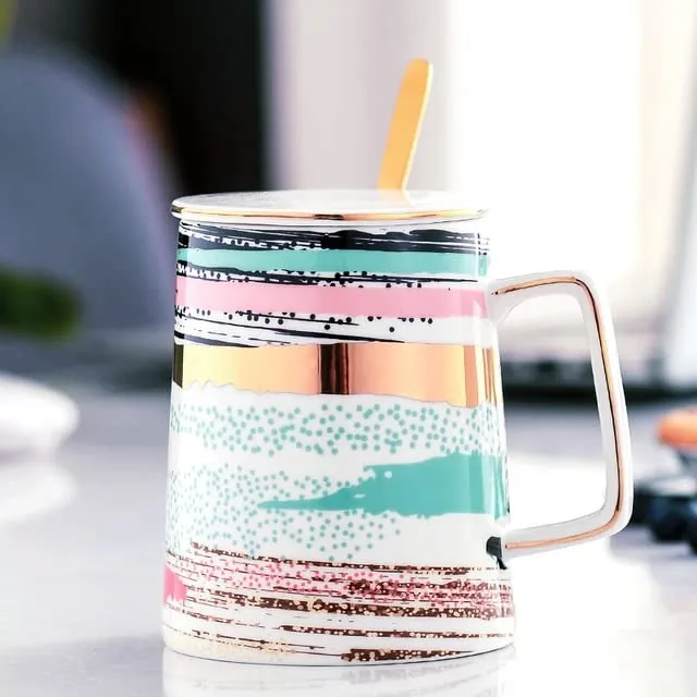 Gradient Porcelain Coffee Cup Metal Spoon and Lid thumbnail 1