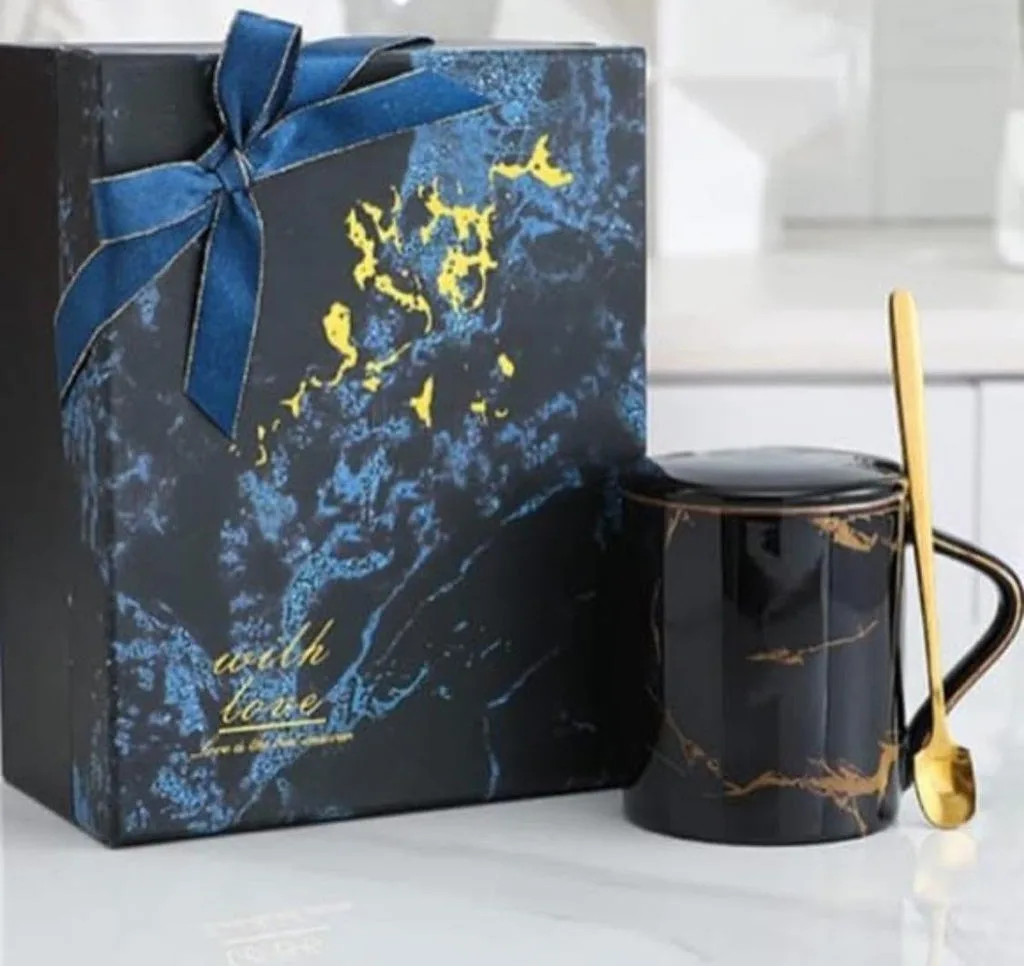 Black Thunder Effect Ceramic Coffee Mug with lid and Spoon thumbnail 1