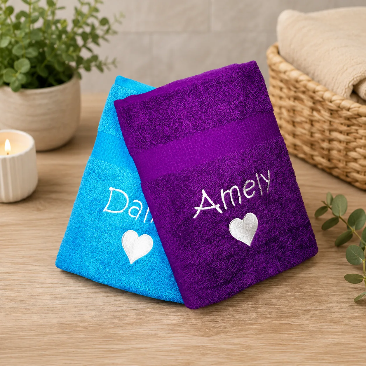Personalized Embroidered Bath Towels Set of 2 | Custom Name Towels with Heart Design thumbnail 1