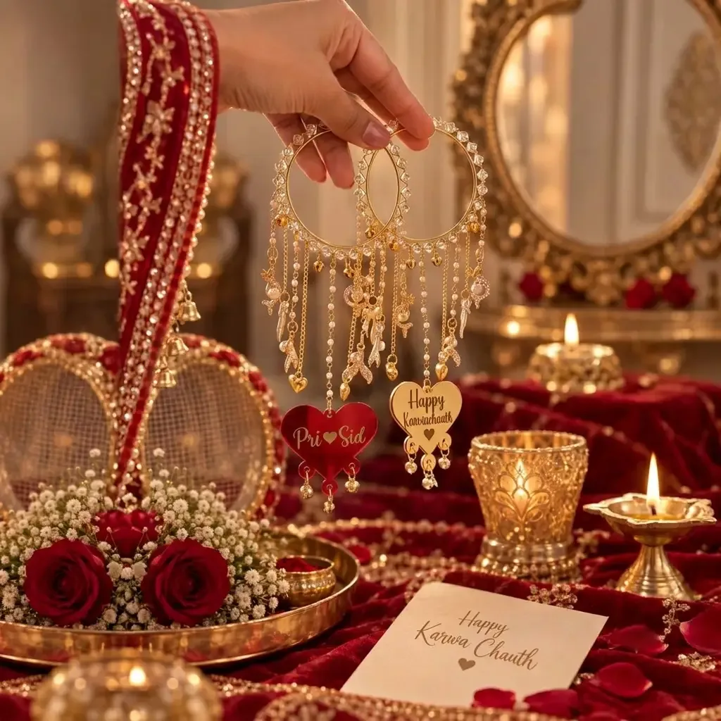 Customized Karwa Chauth Hanging Bangles (Kaleere) with Personalized Names & Heart Charms thumbnail 1