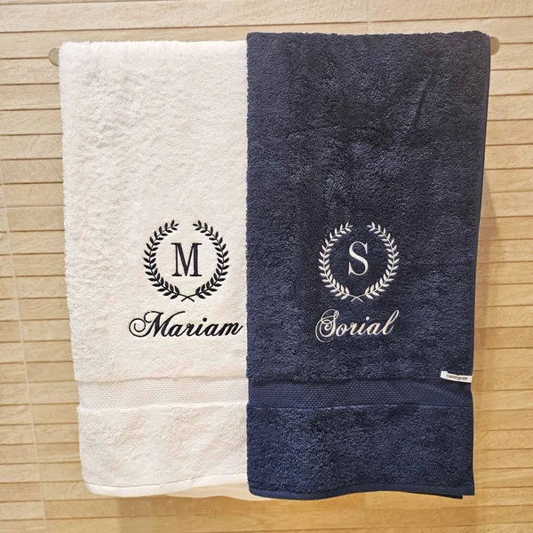 Personalised Couple Towels Set of 2 (Black & White) | Custom Name Embroidered | 100% Cotton 600 GSM Soft & Absorbent Luxury Bath Towels