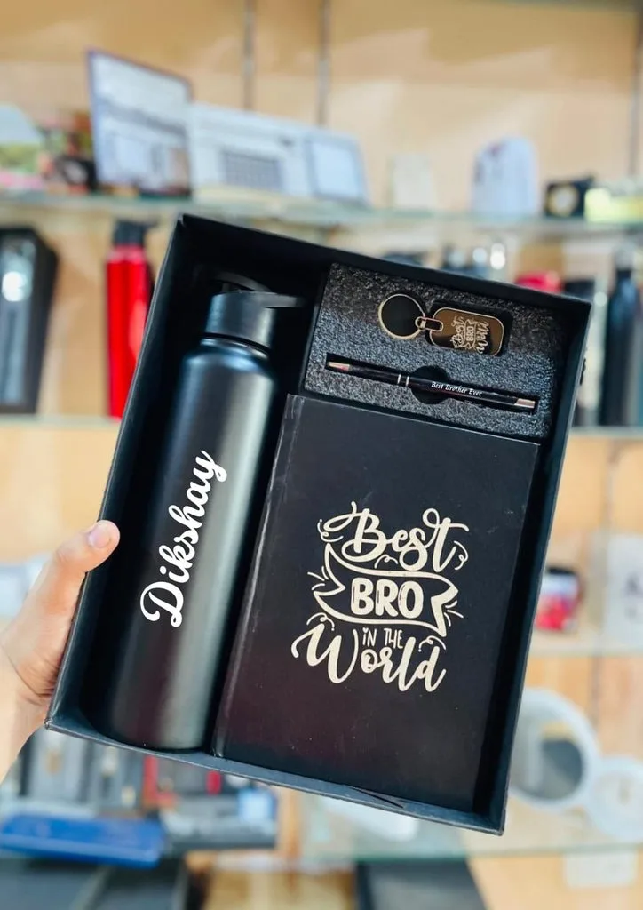 4 in 1 Premium Corporate Gift Set | 1000ml Steel Bottle + Metal Pen + Double Side Printed Keychain + A5 Diary | Gift Box Packing