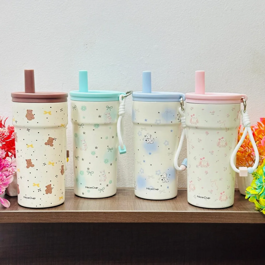 500 ML Cute Insulated Stainless Steel Tumbler with Straw & Keychain  Leak-Proof Pastel Travel Cup