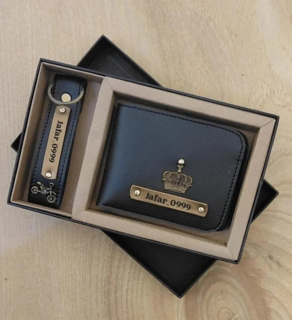 Personalized Men’s Wallet & Keychain Combo Gift Set | Custom Name Plate | Premium Faux Leather | Box Packing