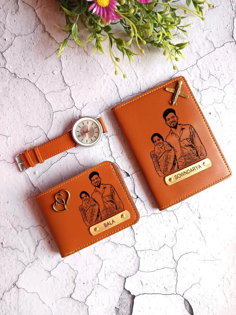 Personalized Sketch Mini Combo Gift Set | Custom Wallet, Passport Cover & Watch | Name Tag & Charm Included