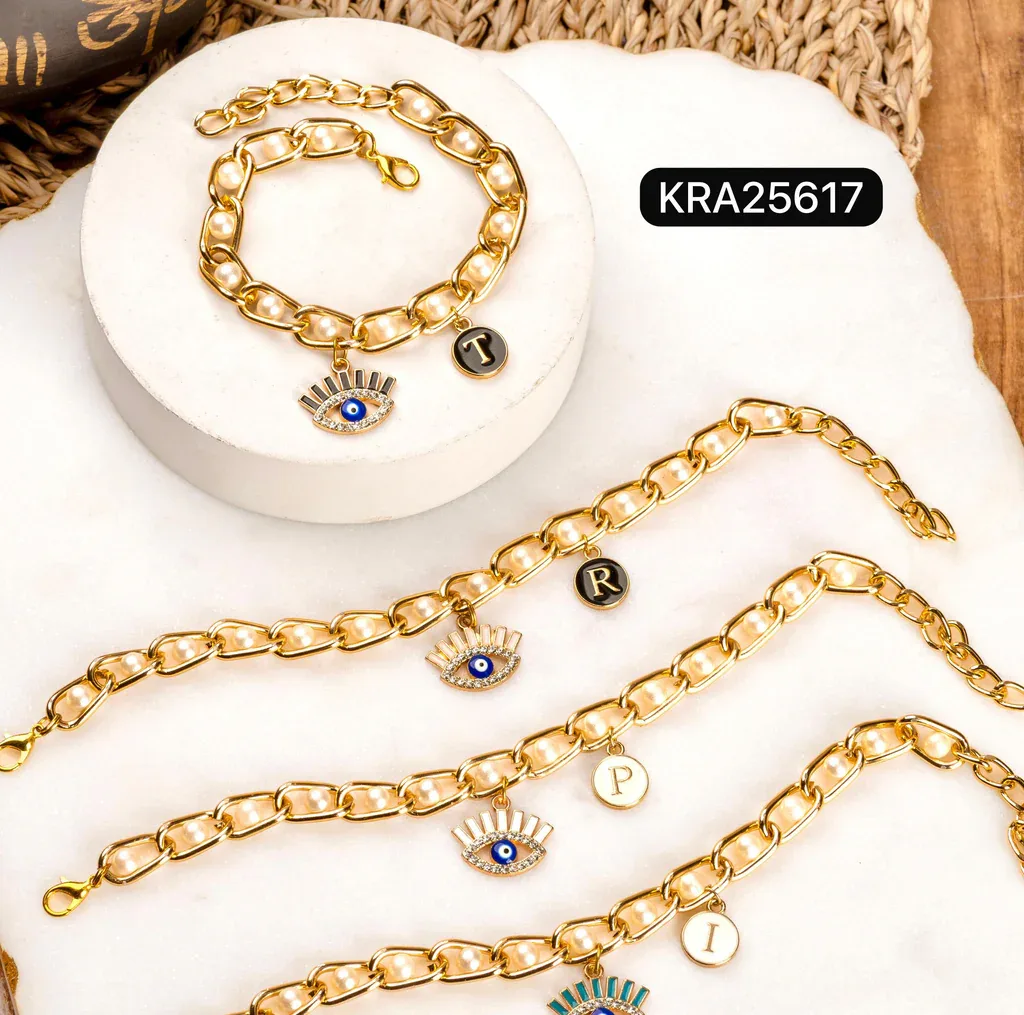 Trendy Metal & Pearl Personalised Bracelet with Evil Eye Charm