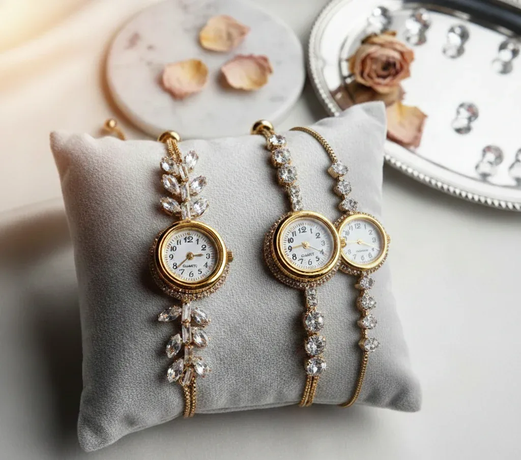 Women's Vintage-Inspired Gold Crystal Bracelet Watch Pack of 3