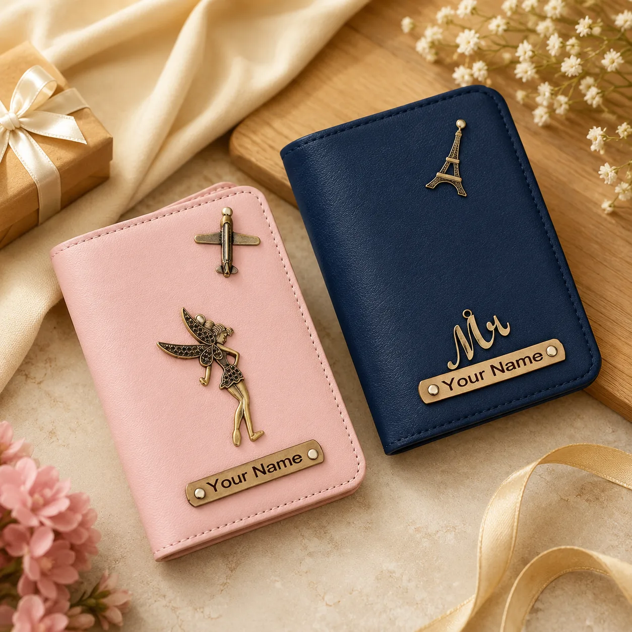 Personalized Passport Holder with Charms – For Couples