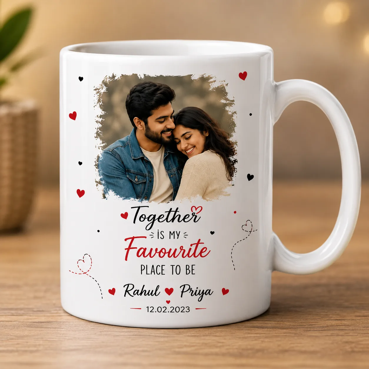 Personalized Couple Photo Coffee Mug – Custom Name & Date Printed Ceramic Gift Mug